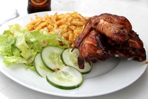 Chicken, Macaroni Pie and Salad at Sea Side Bar, Barbados