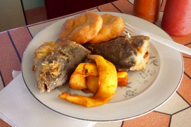 My fish, plantains, and Johnny Cakes lunch at Vena's on Mero Beach, Dominica | SBPR