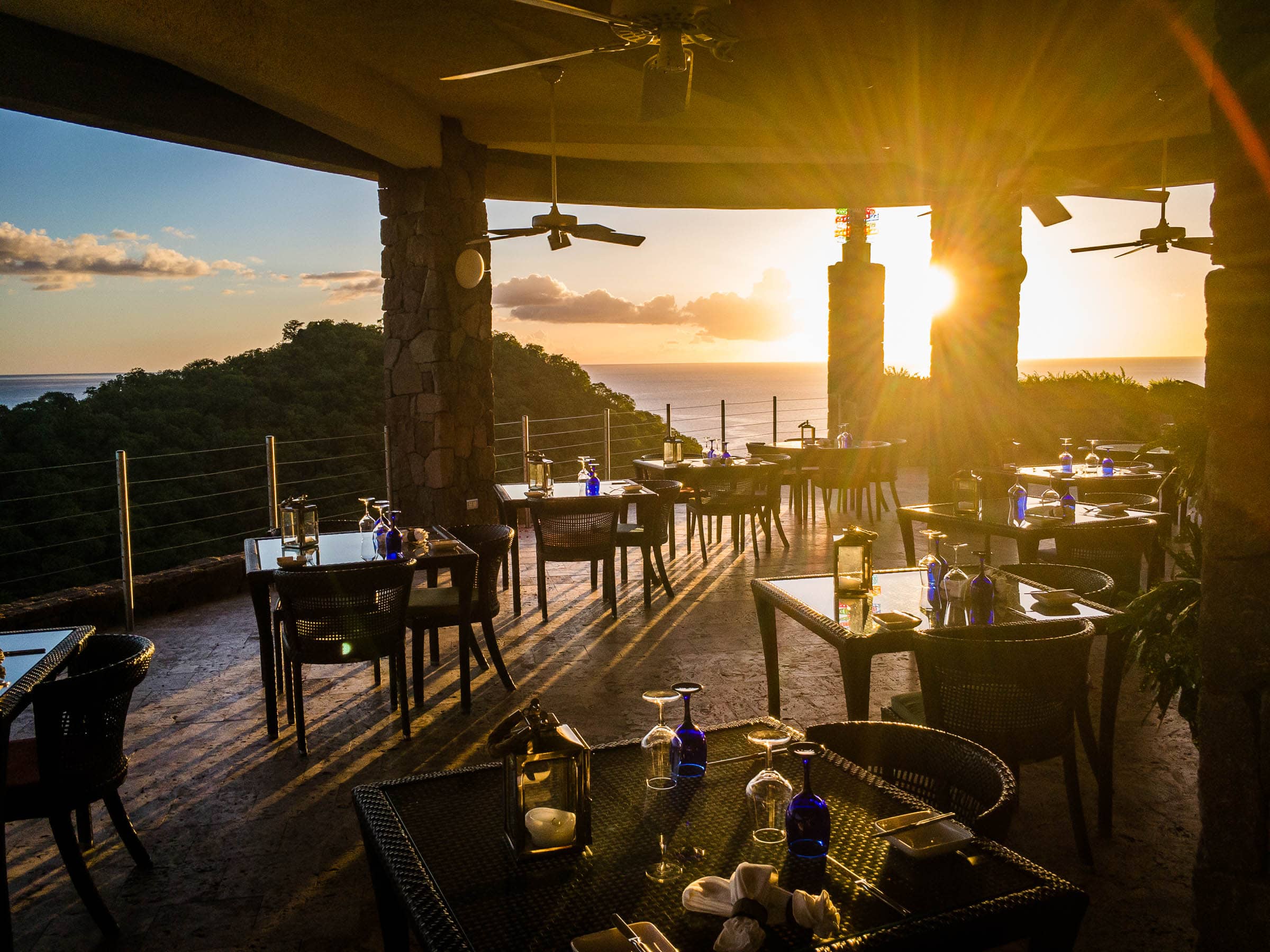 Sunsets stream through the dining area.