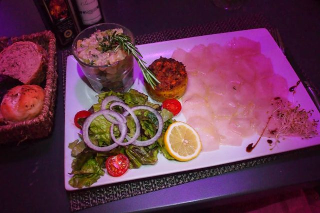 Wahoo Tartar and Carpaccio + Crab Cake and Salad appetizer at Le Piment, St. Martin