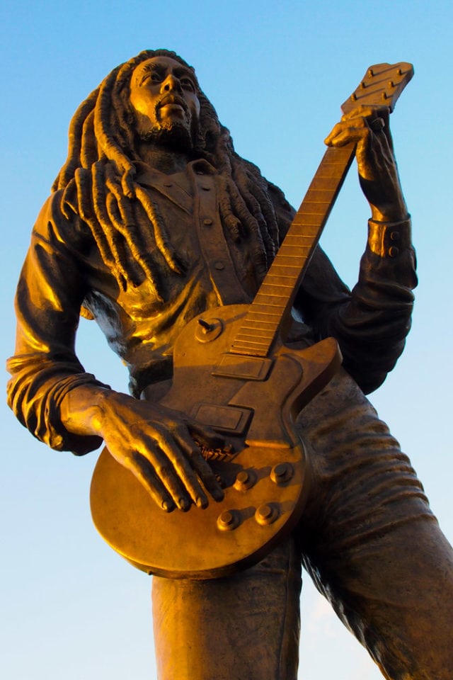 Bob Marley in bronze at the entrance to the Jamaica National Stadium in Kingston