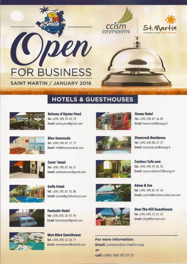 Hotels & Guesthouses open for business in French St. Martin as of January 2018
