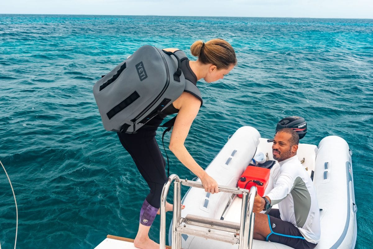 The Yeti Panga Backpack hitting the dinghy